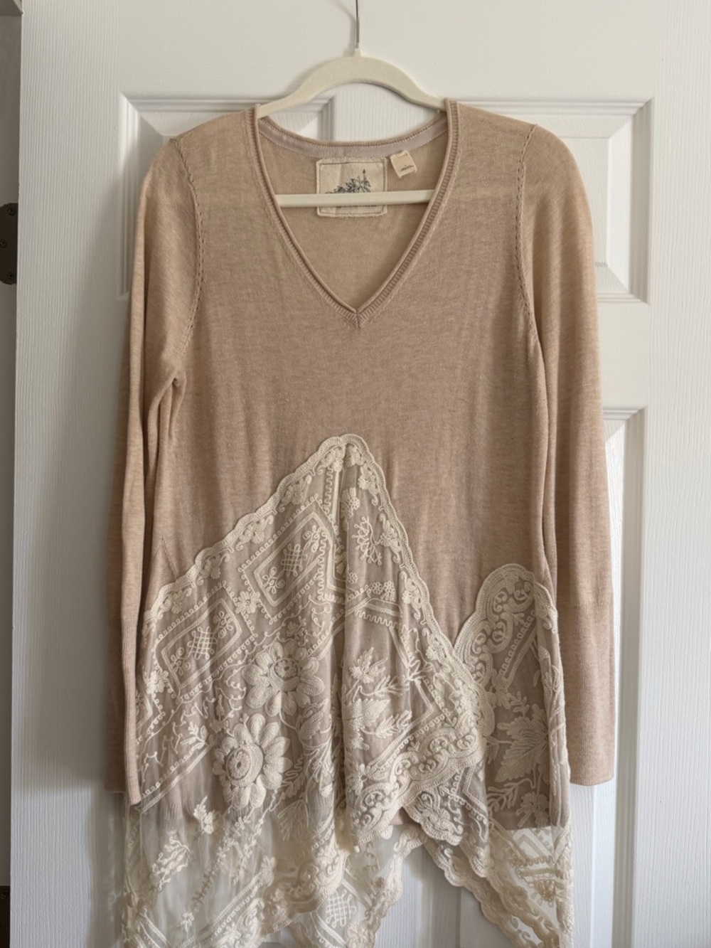 Anthropologie Angel of the North Boho Lace Hem Long Sleeve Tunic - Beige